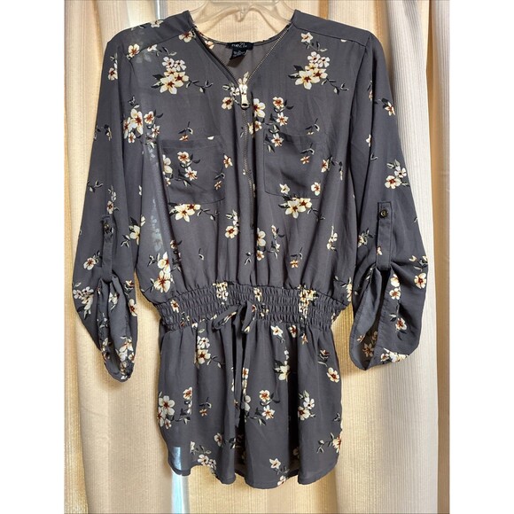 Rue 21 Womans Top Tunic XL Gray Cream Floral Convert Sleeve Zip Elastic Waist - Picture 1 of 6